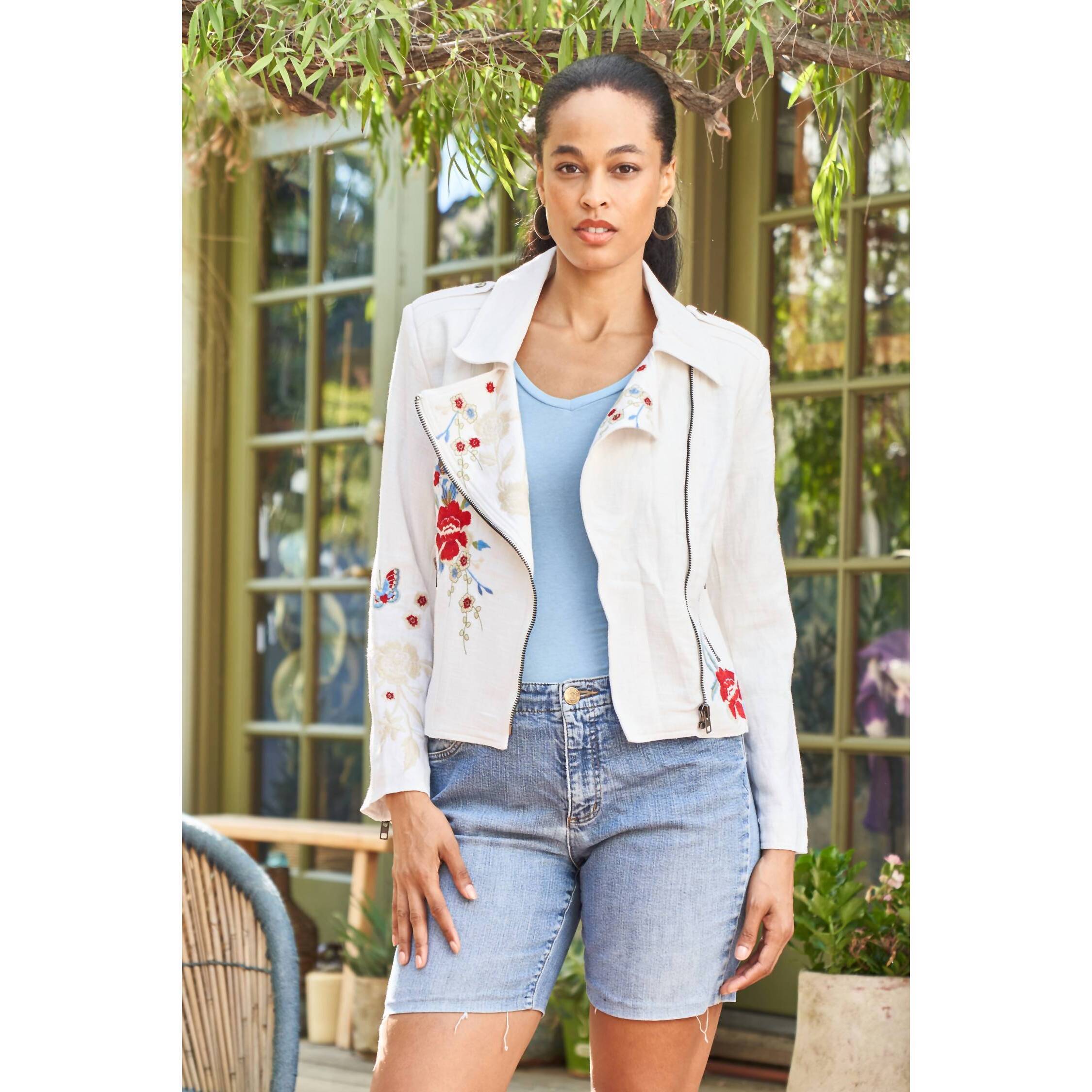 New Paparazzi Embroidered Linen Blend Moto Jacket In White
